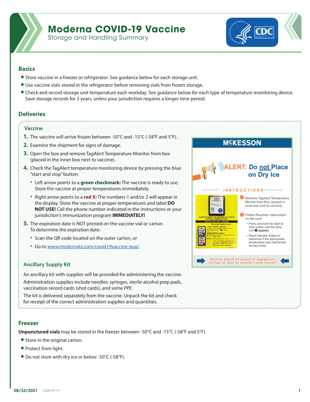 Moderna COVID-19 Vaccine Storage and Handling Summary