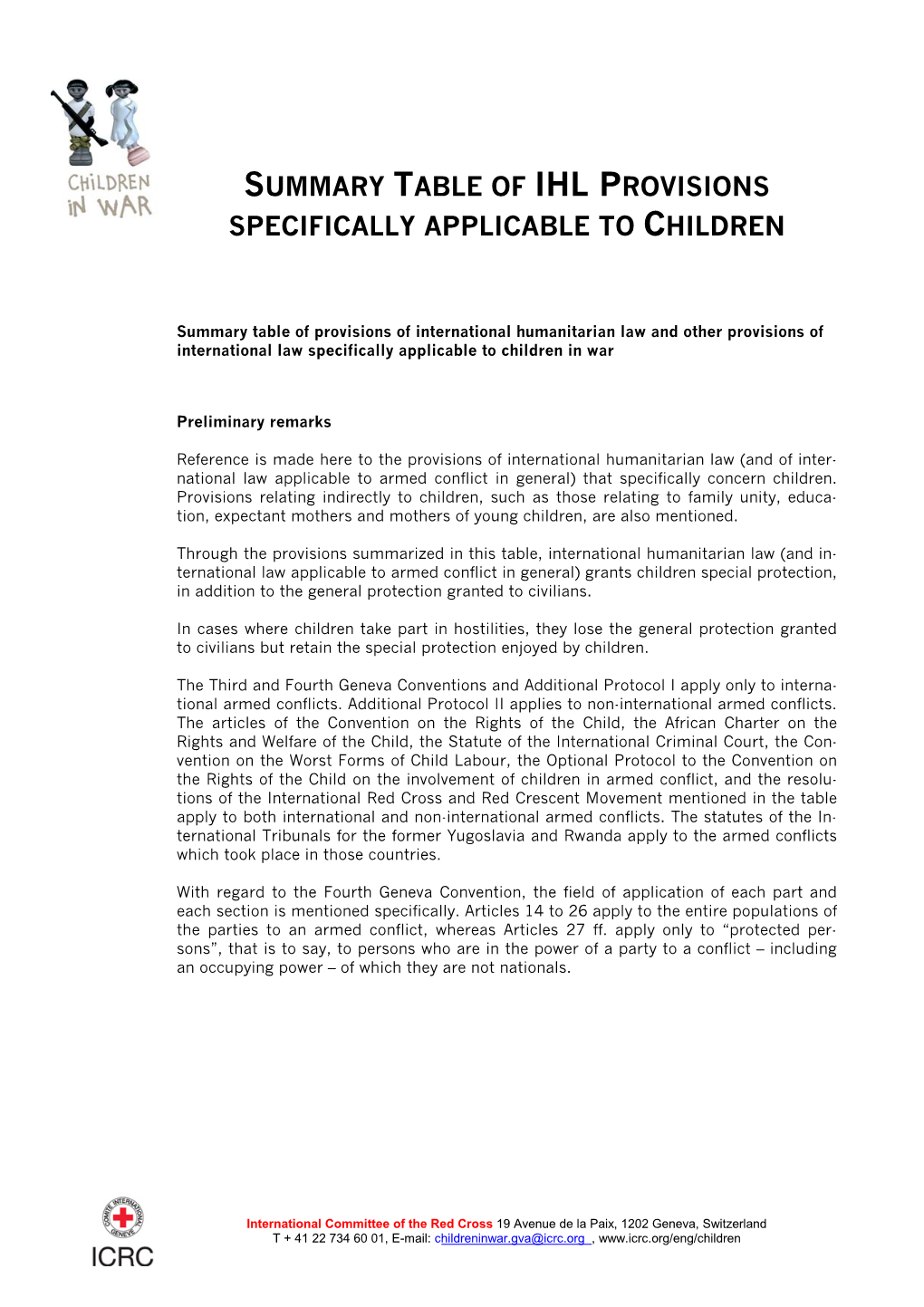 Summary Table of Ihl Provisions Specifically Applicable to Children