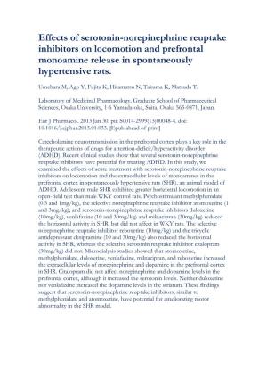 Effects of Serotonin-Norepinephrine Reuptake Inhibitors on Locomotion and Prefrontal Monoamine Release in Spontaneously Hypertensive Rats