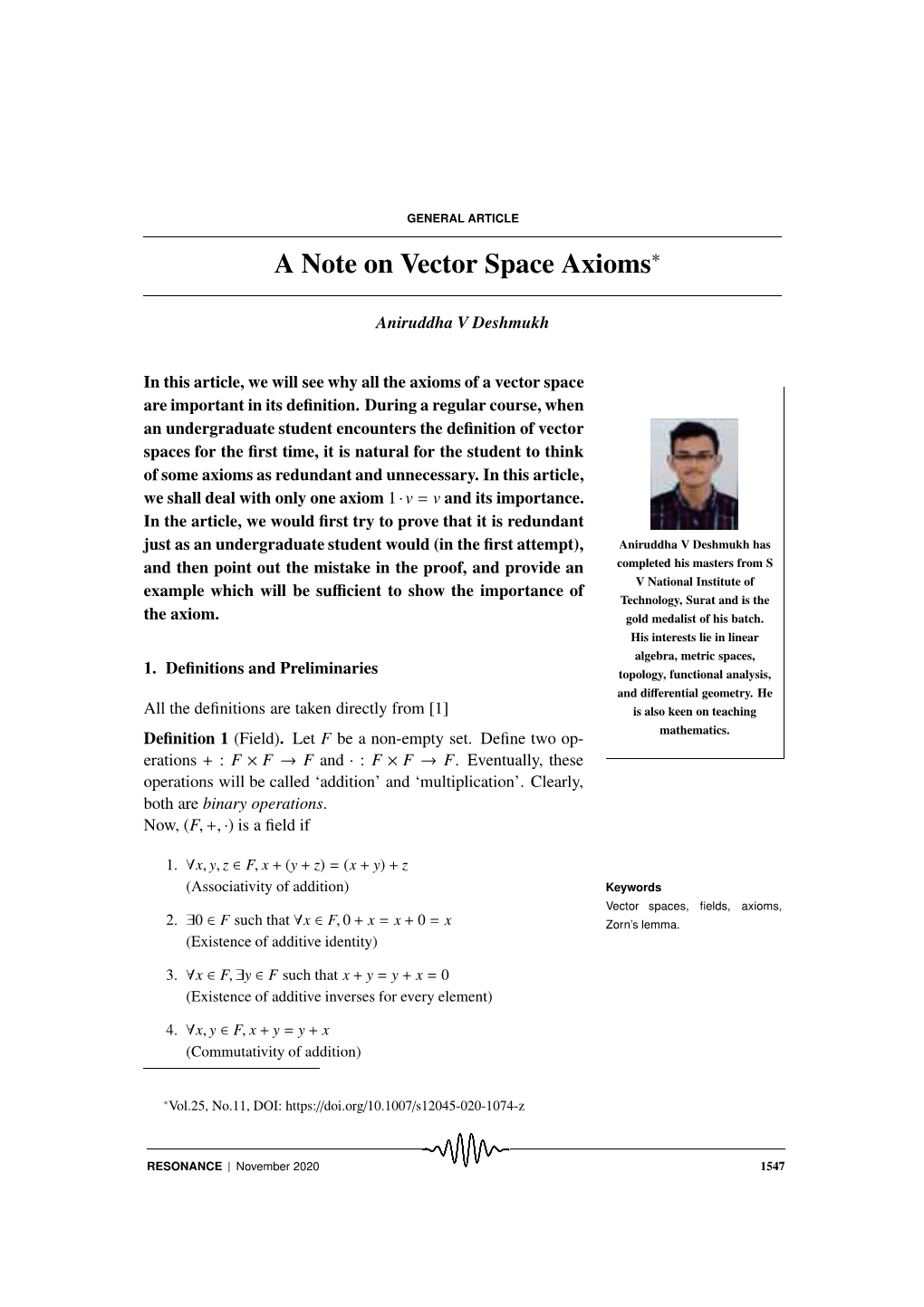 A Note on Vector Space Axioms∗