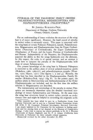 PALAEODICTYOPTERA, MEGASECOPTERA and DIAPHANOPTERODEA (PALEOPTERA)* by JARMILA KUKALOVA-Peck Department of Geology, Carleton University Ottawa, Ontario, Canada
