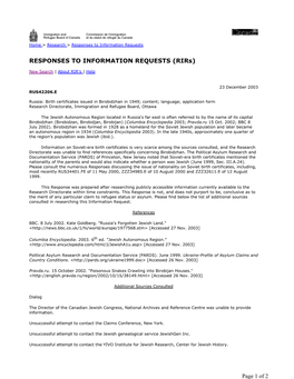 Russia: Birth Certificates Issued in Birobidzhan in 1949; Content; Language; Application Form Research Directorate, Immigration and Refugee Board, Ottawa