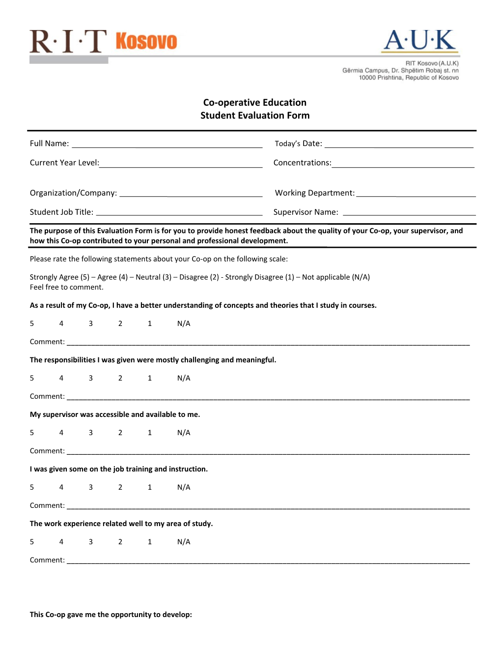 Co-Operative Education Student Evaluation Form Full Name: Today S Date