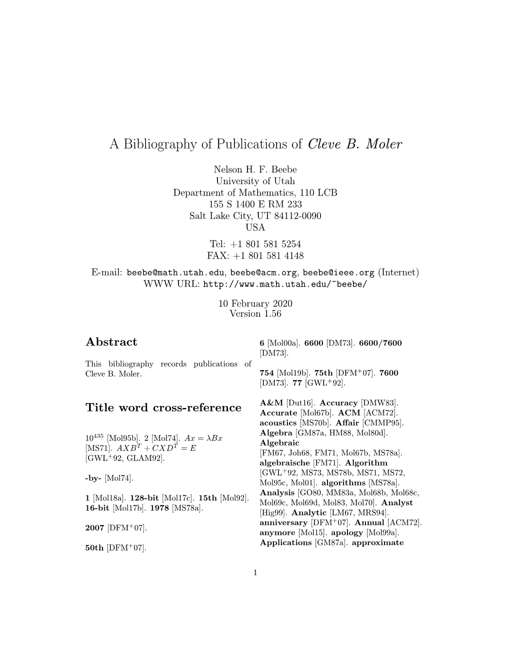 A Bibliography of Publications of Cleve B. Moler