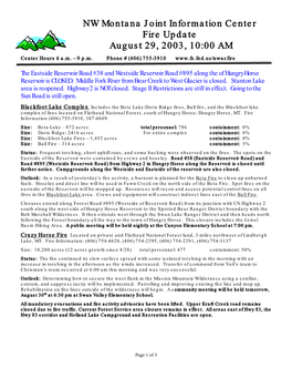 NW Montana Joint Information Center Fire Update August 29, 2003, 10:00 AM