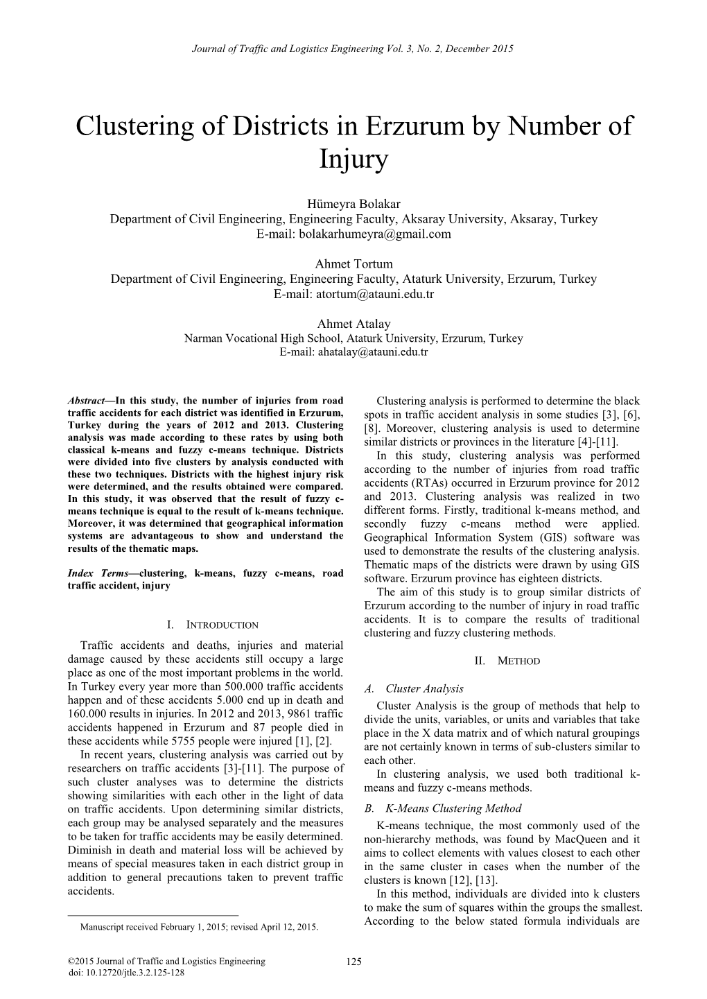 Clustering of Districts in Erzurum by Number of Injury