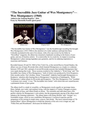 Incredible Jazz Guitar of Wes Montgomery”— Wes Montgomery (1960) Added to the National Registry: 2016 Essay by Maristella Feustle (Guest Post)*