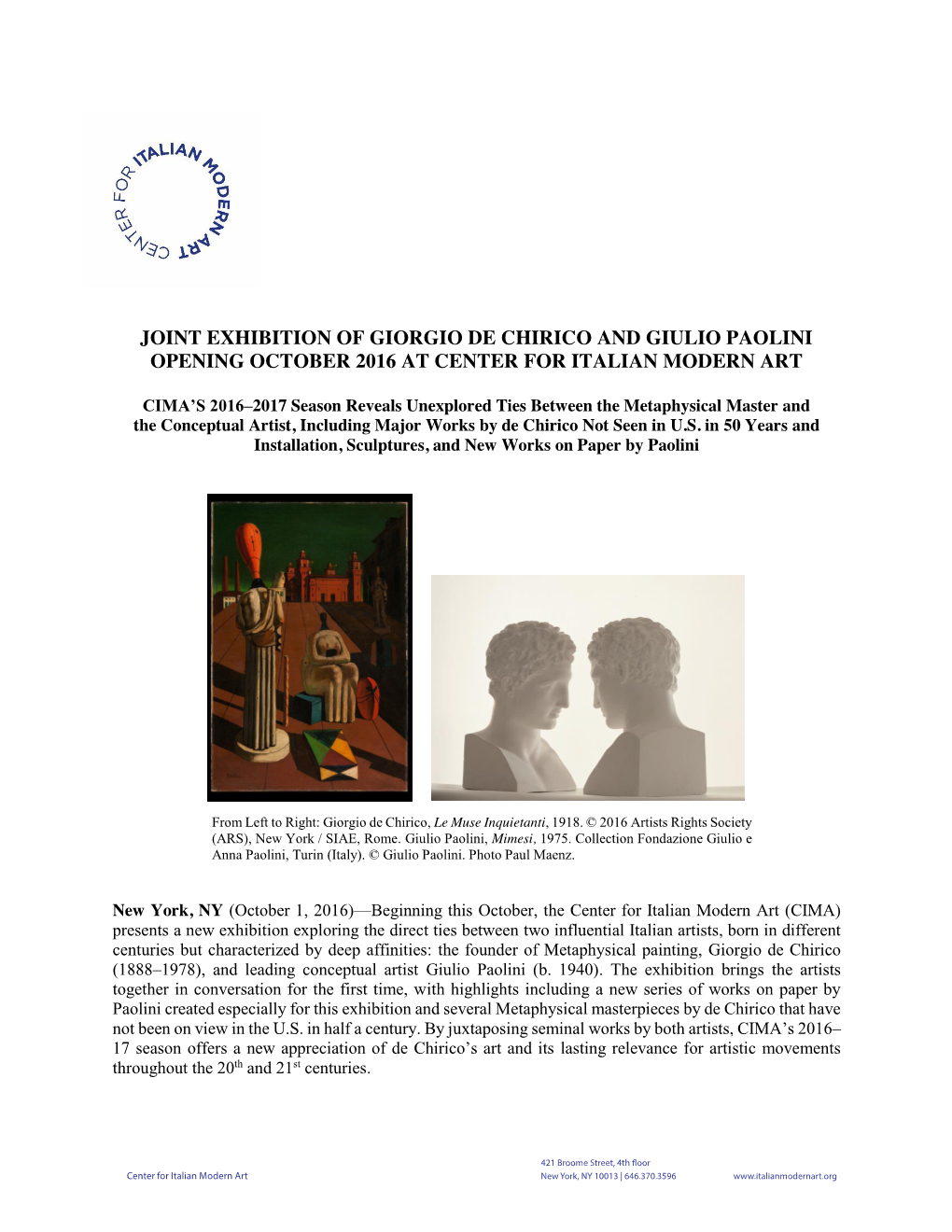 Joint Exhibition of Giorgio De Chirico and Giulio Paolini Opening October 2016 at Center for Italian Modern Art