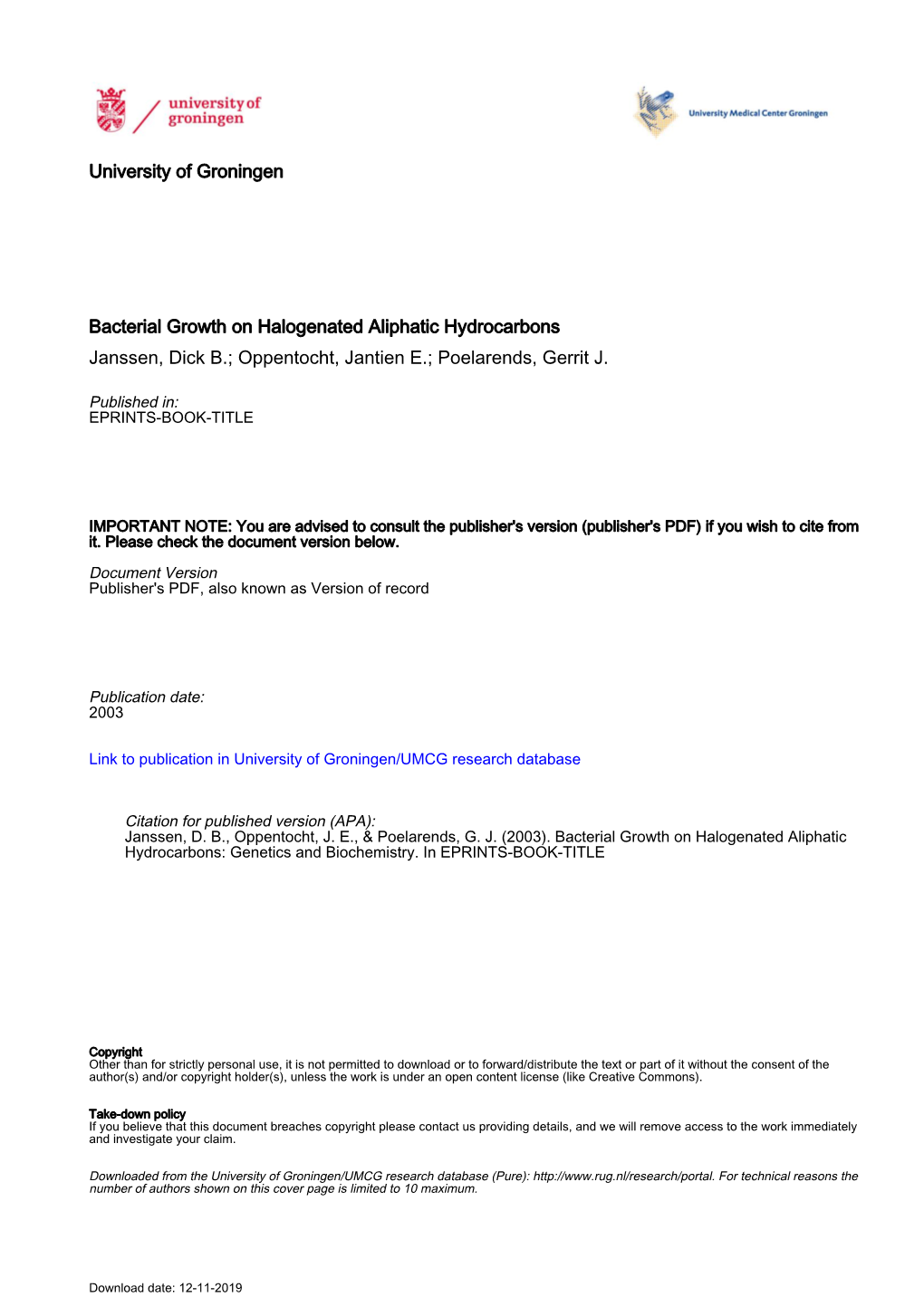 University of Groningen Bacterial Growth on Halogenated