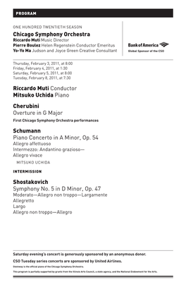 Riccardo Muti Conductor Mitsuko Uchida Piano Cherubini Overture in G Major First Chicago Symphony Orchestra Performances Schumann Piano Concerto in a Minor, Op