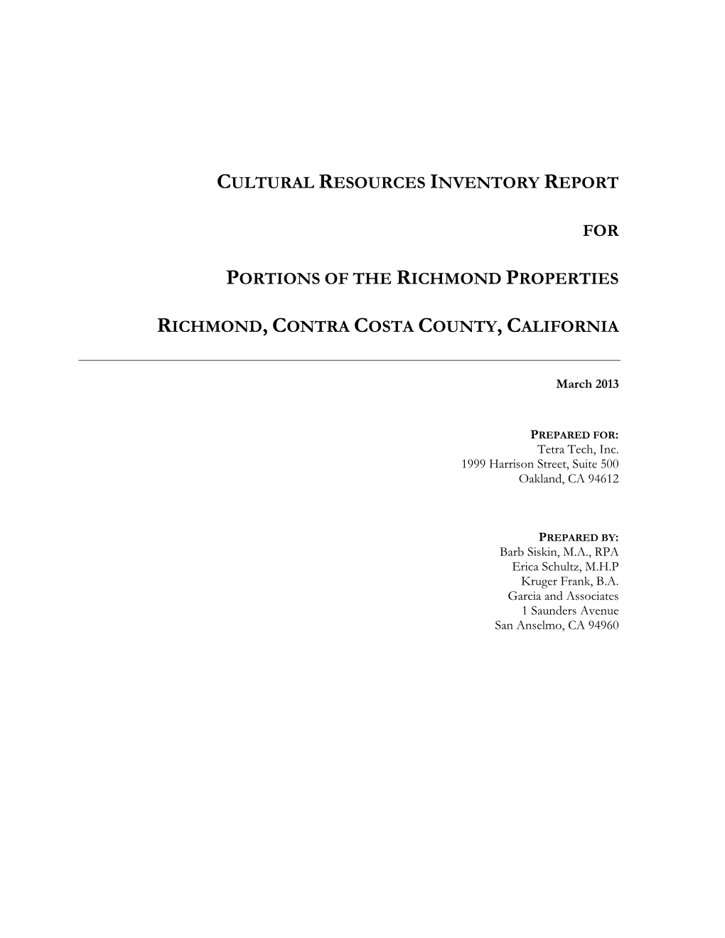 Cultural Resources Inventory Report For