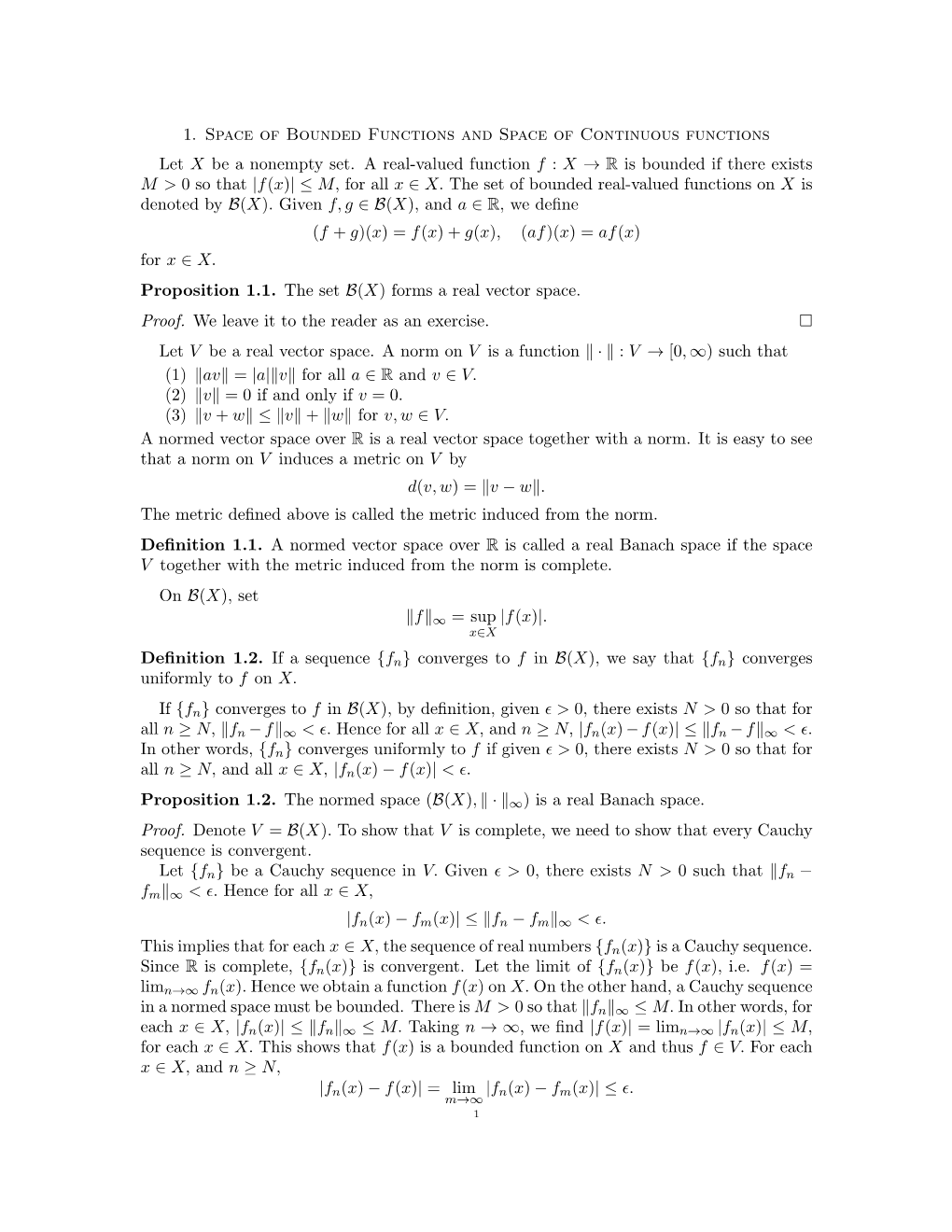 1. Space of Bounded Functions and Space of Continuous Functions Let X Be a Nonempty Set