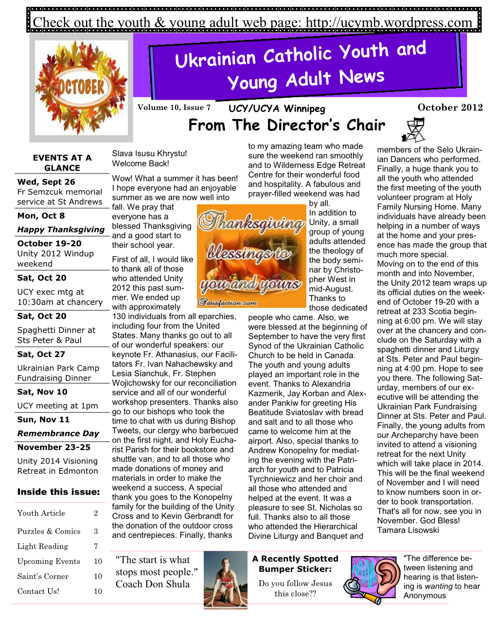 Ukrainian Catholic Youth & Young Adult Newsletter October 2012