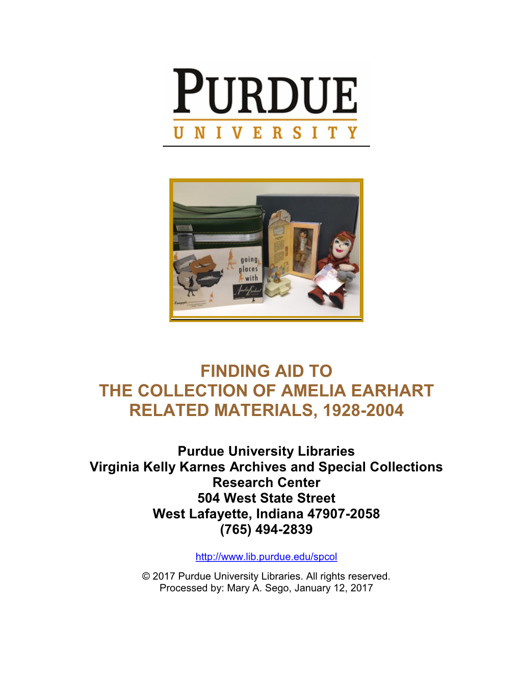 Finding Aid to the Collection of Amelia Earhart Related Materials, 1928-2004