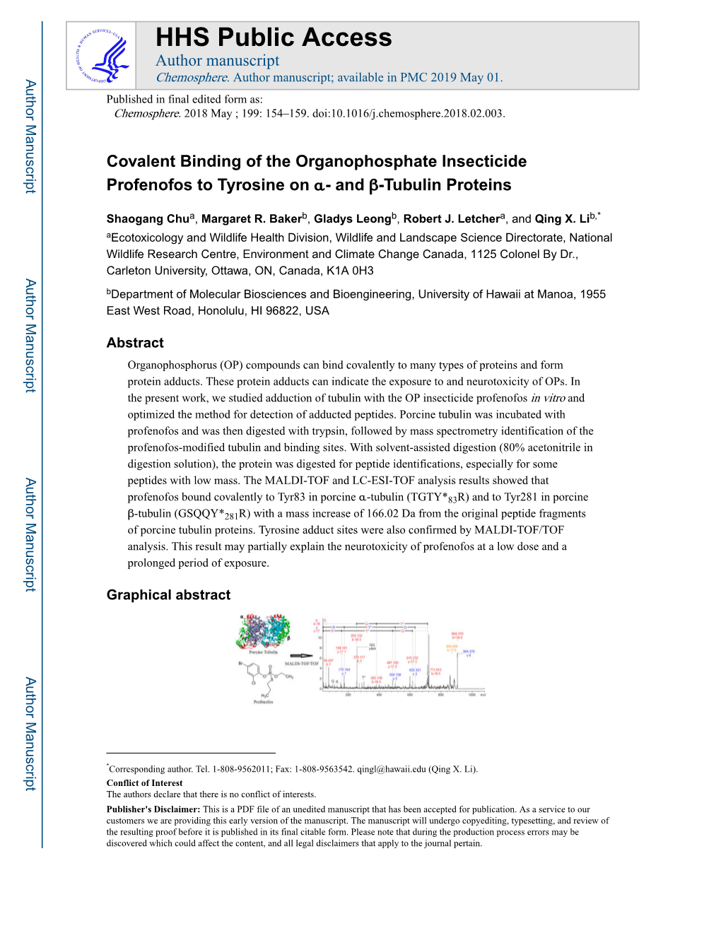 Covalent Binding of the Organophosphate Insecticide Profenofos to Tyrosine on Α- and Β-Tubulin Proteins