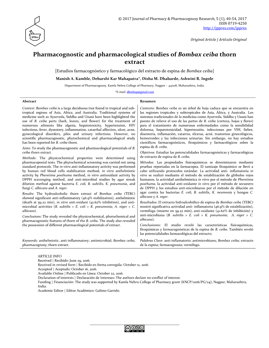 Potentials of Bombax Ceiba Thorn Extract