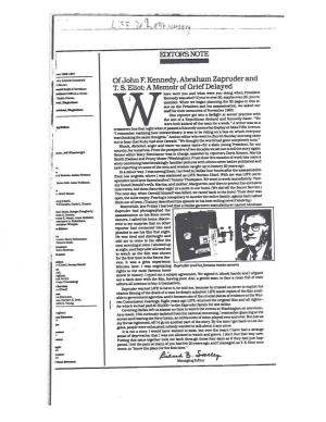 EDITOR's NOTE of John F. Kennedy, Abraham Zapruder and T. S. Eliot: a Memoir of Grief Delayed