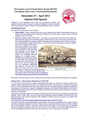 Newsletter 21 – April 2013 Adelina Patti Special Welcome to Our Newsletter