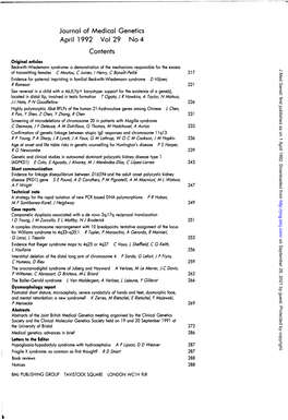 Journal of Medical Genetics April 1992 Vol 29 No4 Contents Original Articles