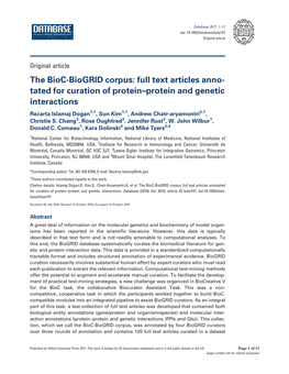 The Bioc-Biogrid Corpus: Full Text Articles Anno- Tated for Curation Of