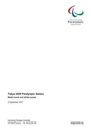 Tokyo 2020 Paralympic Games Medal Events and Athlete Quotas