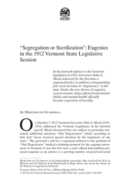 “Segregation Or Sterilization”: Eugenics in the 1912 Vermont State Legislative Session