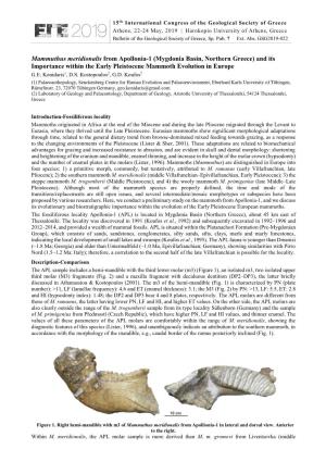 Mammuthus Meridionalis from Apollonia-1 (Mygdonia Basin, Northern Greece) and Its Importance Within the Early Pleistocene Mammoth Evolution in Europe G.E