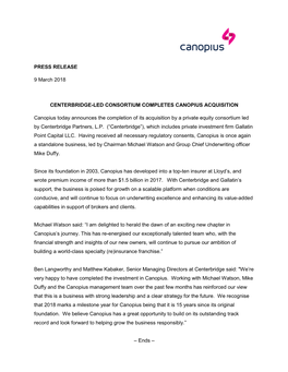 Centerbridge-Led Consortium Completes Canopius Acquisition
