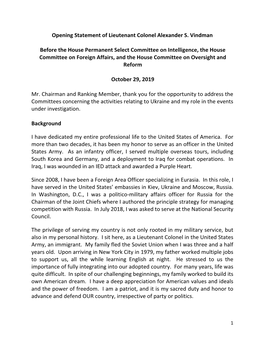 Opening Statement of Lieutenant Colonel Alexander S. Vindman Before the House Permanent Select Committee on Intelligence, the Ho