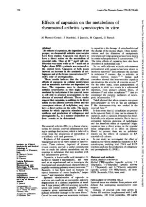 Effects of Capsaicin on the Metabolism of Rheumatoid Arthritis Synoviocytes in Vitro