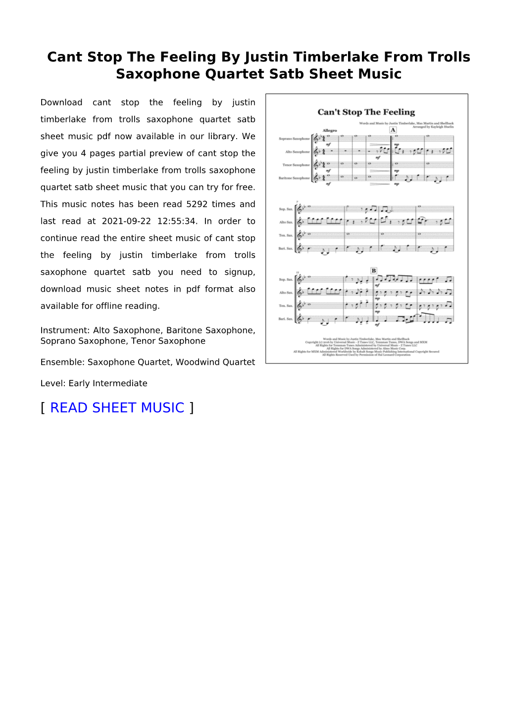 Cant Stop the Feeling by Justin Timberlake from Trolls Saxophone Quartet Satb Sheet Music