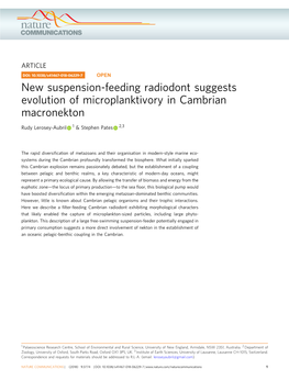 New Suspension-Feeding Radiodont Suggests Evolution of Microplanktivory in Cambrian Macronekton