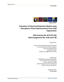 Evaluation of Chemical Dispersion Models Using Atmospheric Plume Measurements from Field Experiments EPA Contract No