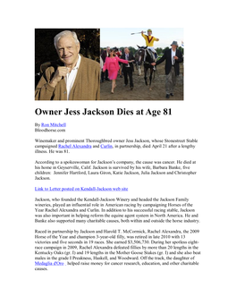 Owner Jess Jackson Dies at Age 81