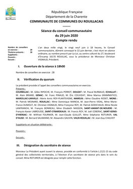 République Française Département De La Charente COMMUNAUTE DE COMMUNES DU ROUILLACAIS ------Séance Du Conseil Communautaire Du 29 Juin 2020 Compte Rendu