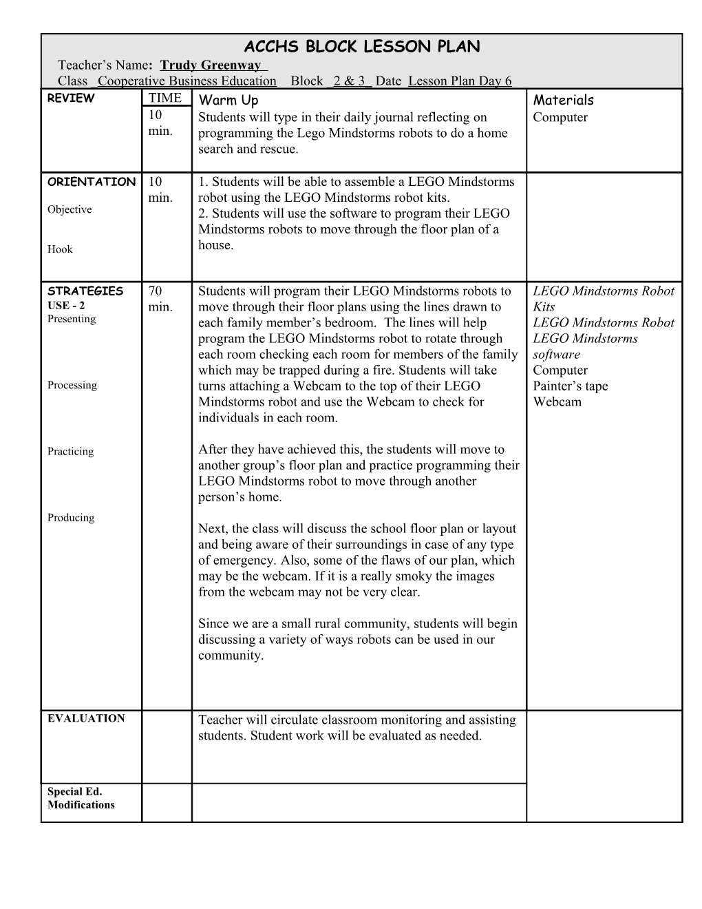 Acchs Block Lesson Plan