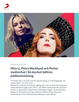 Miss Li, Petra Marklund Och Petter Medverkar I Så Mycket Bättres Jubileumssäsong