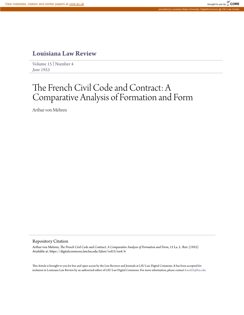 The French Civil Code and Contract: a Comparative Analysis of Formation and Form, 15 La