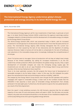 The International Energy Agency Undermines Global Climate Protection and Energy Security in Its Latest World Energy Outlook