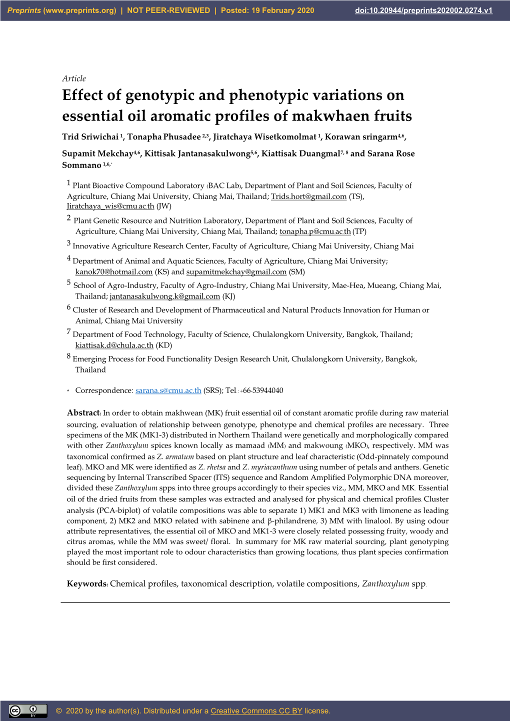 Effect of Genotypic and Phenotypic Variations on Essential Oil Aromatic Profiles of Makwhaen Fruits