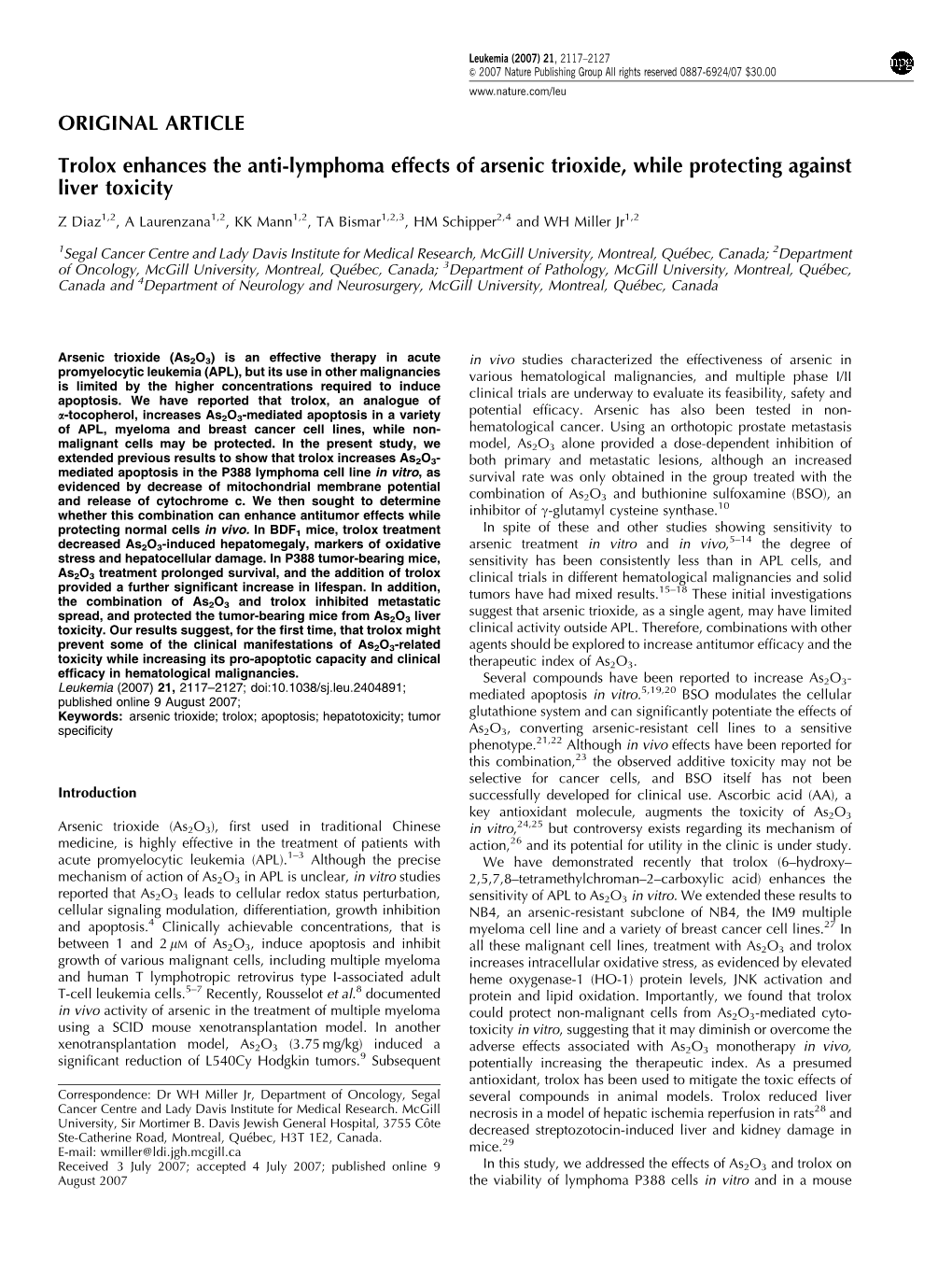 Trolox Enhances the Anti-Lymphoma Effects of Arsenic Trioxide, While Protecting Against Liver Toxicity