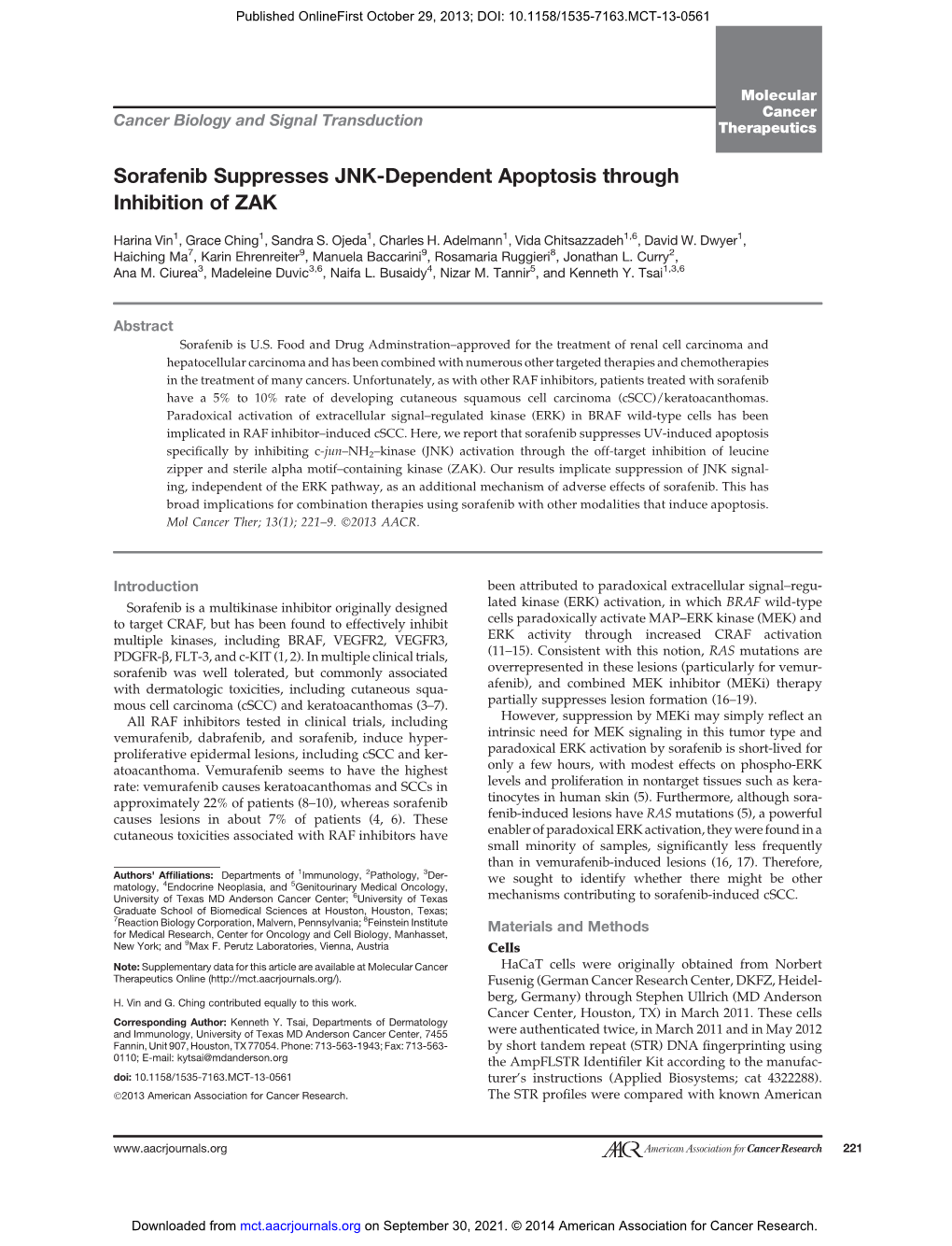 Sorafenib Suppresses JNK-Dependent Apoptosis Through Inhibition of ZAK