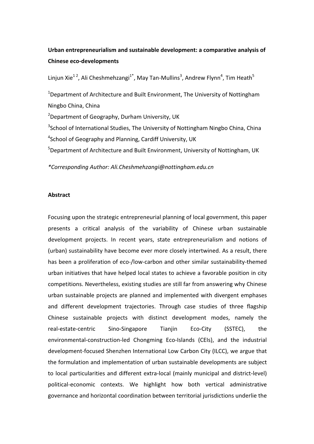 Urban Entrepreneurialism and Sustainable Development: a Comparative Analysis of Chinese Eco-Developments