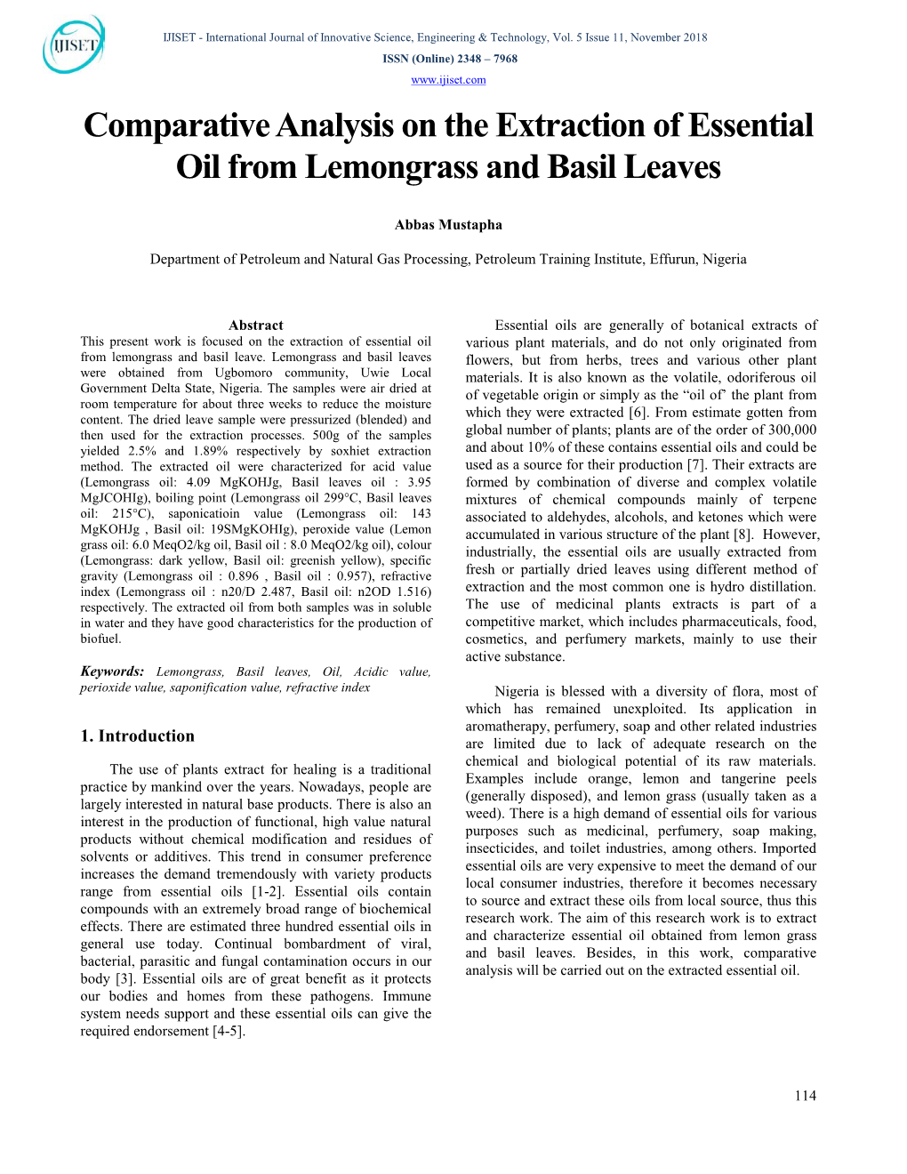 Comparative Analysis on the Extraction of Essential Oil from Lemongrass and Basil Leaves