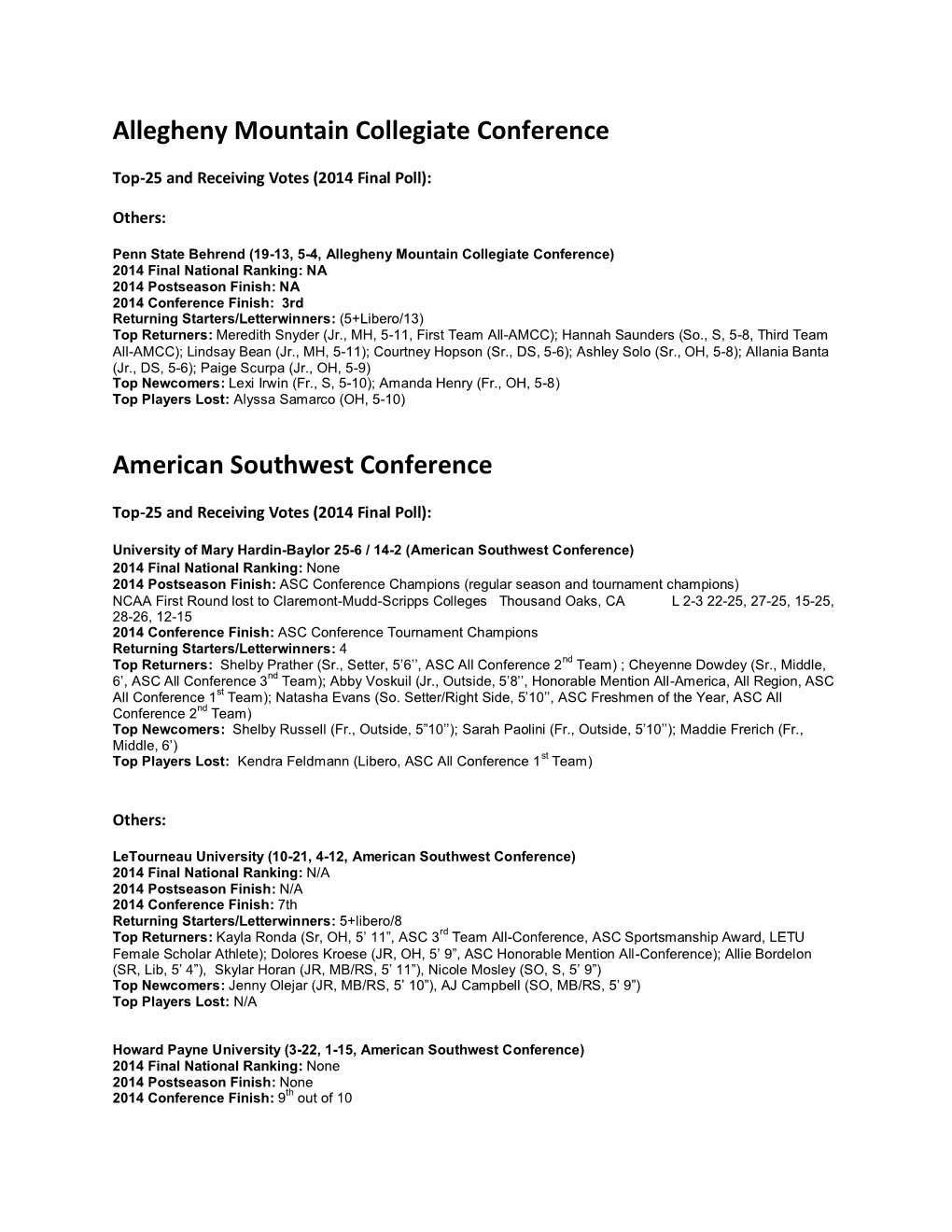 Allegheny Mountain Collegiate Conference American Southwest