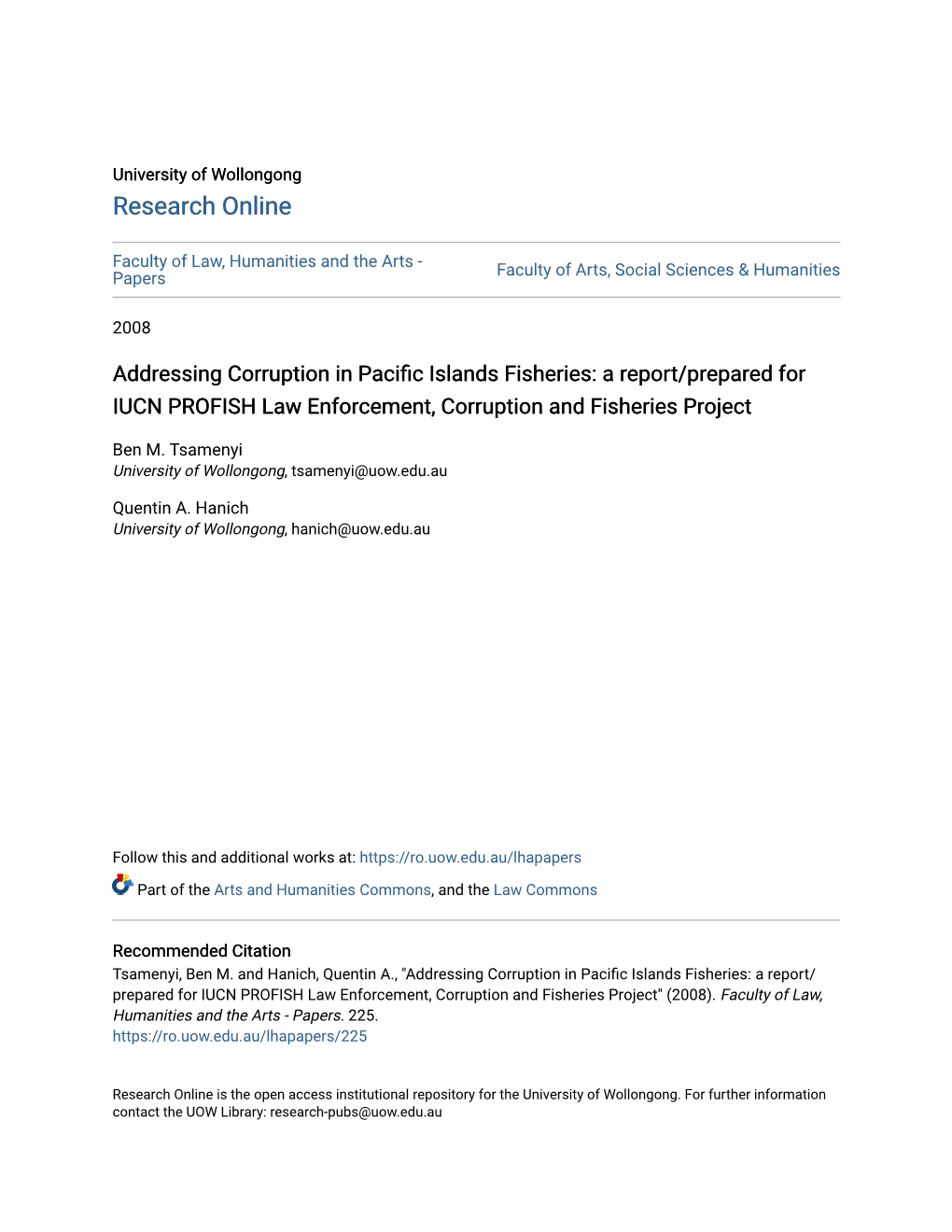 Addressing Corruption in Pacific Islands Fisheries: a Eporr T/Prepared for IUCN PROFISH Law Enforcement, Corruption and Fisheries Project