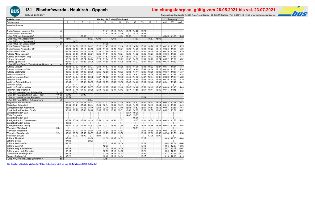 181 Bischofswerda - Neukirch - Oppach Umleitungsfahrplan, Gültig Vom 26.05.2021 Bis Vsl
