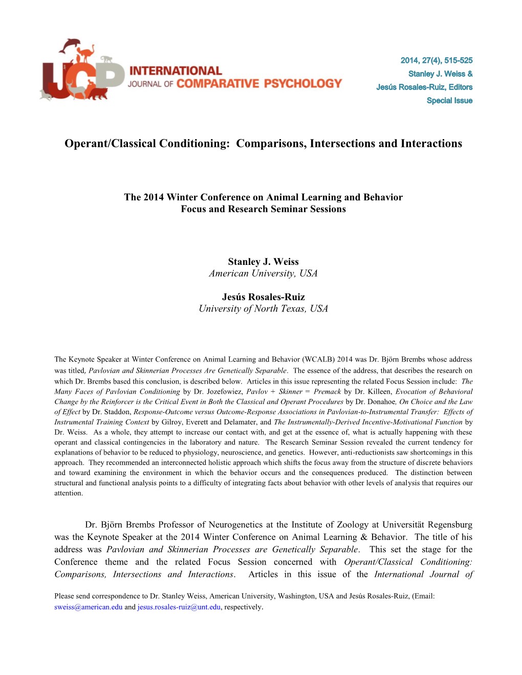 Operant/Classical Conditioning: Comparisons, Intersections and Interactions