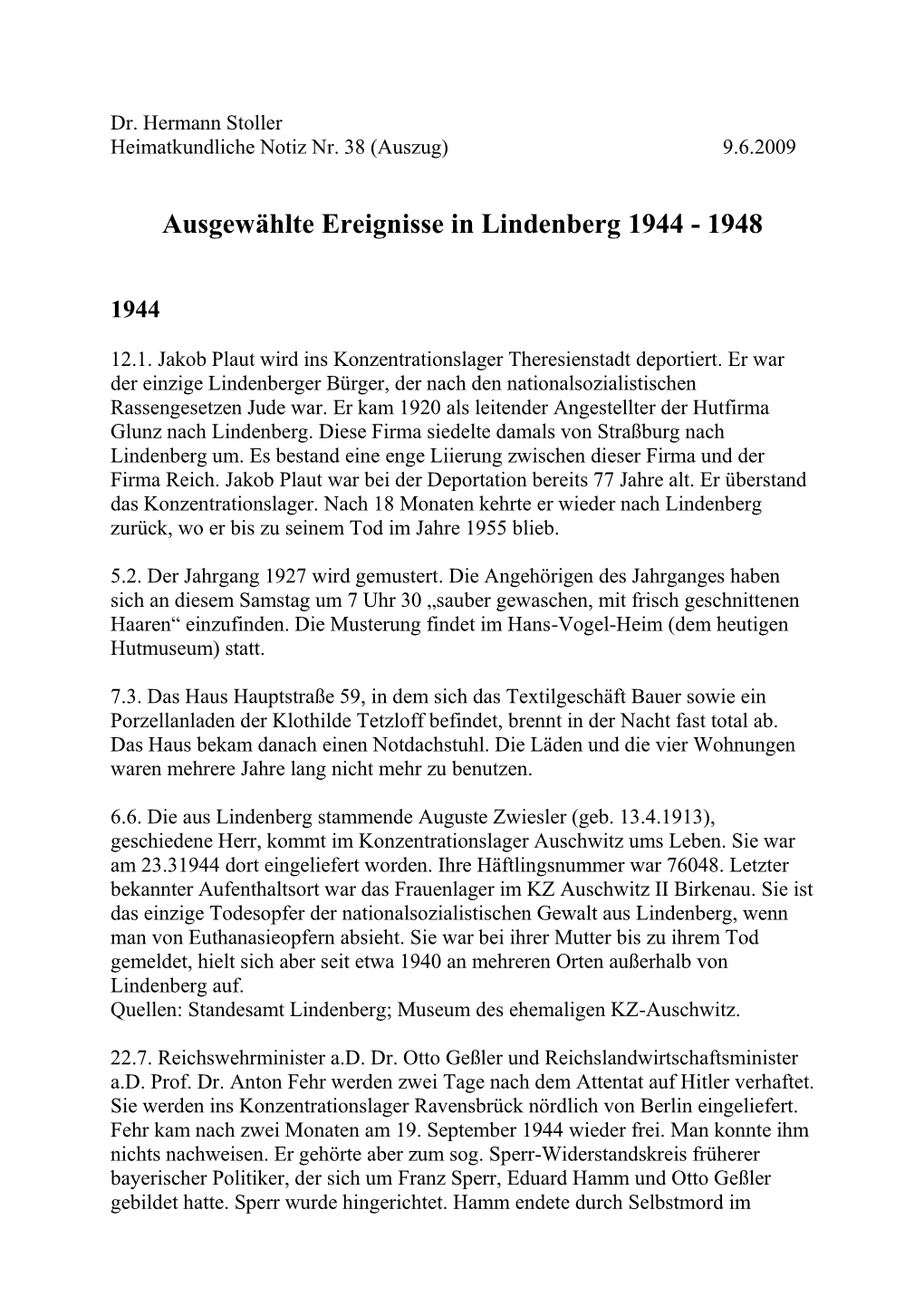 Ausgewählte Ereignisse in Lindenberg 1944 - 1948