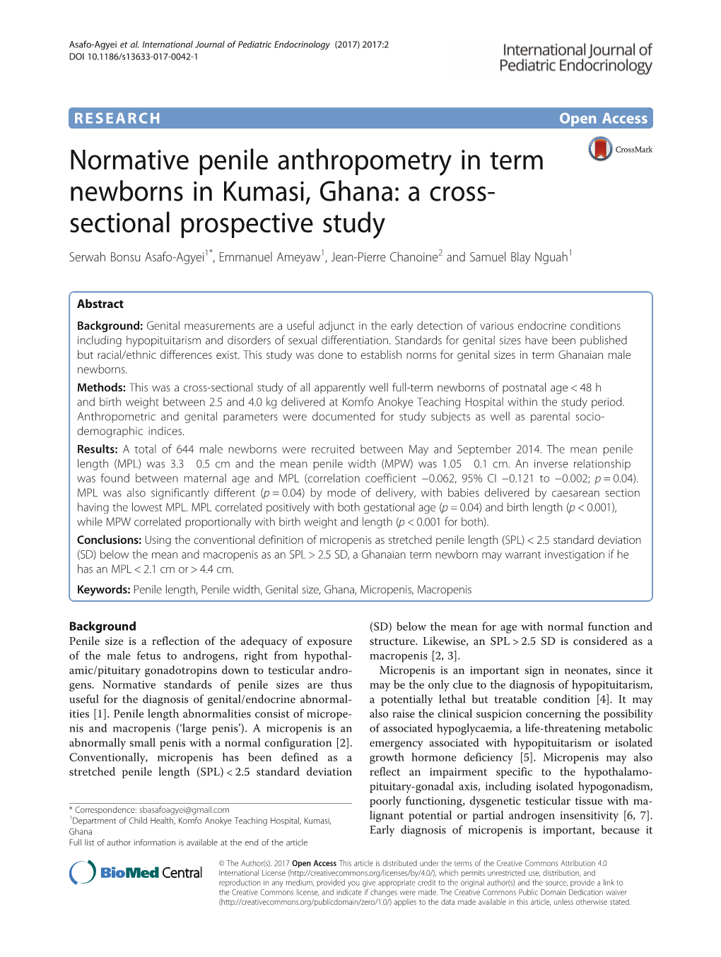 Normative Penile Anthropometry in Term Newborns in Kumasi, Ghana: A